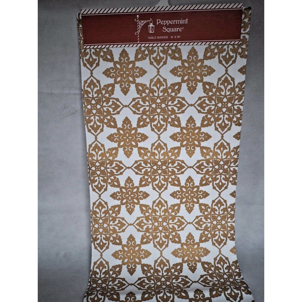 Peppermint Square Fabric Table Runner 16"x90" Gold Color Christmas Decor New Pck